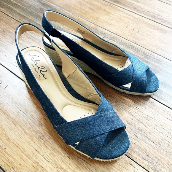 Abella Denim Open Toe Wedge Sandals Espadrille Comfort Size 8.5 Coastal Beachy - Picture 2 of 10